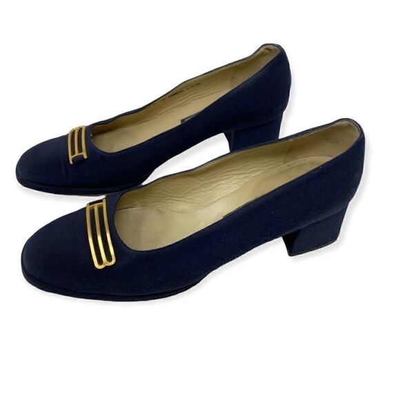 Bally Sz 7 Blue Pandar Gold Accents Career Slip On Designer Chunky Heel Pumps - Picture 1 of 13